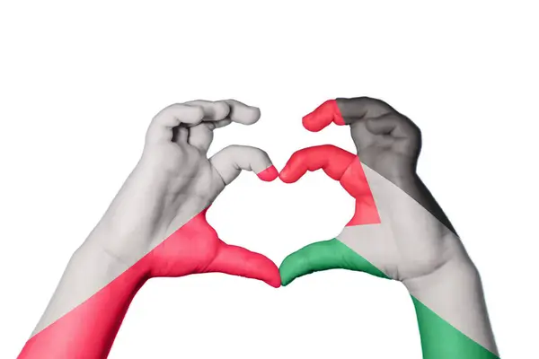 Polen Palestina Hjärta Hand Gest Att Göra Hjärta Klippning Vägen — Stockfoto