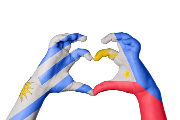 Uruguay Filipine Inimă Gest Mână Făcând Inimă Calea Tăiere — Fotografie, imagine de stoc