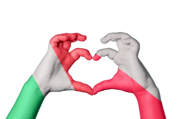 Італія Польща Серце Жест Рук Робить Серце Відсічний Контур — стокове фото