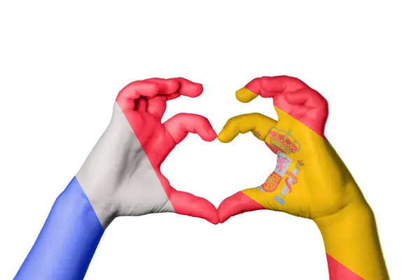 France Spain Heart Hand Gesture Making Heart Clipping Path — Stock Photo, Image
