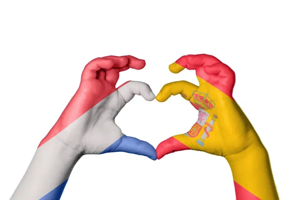 Netherlands Spain Heart Hand Gesture Making Heart Clipping Path — Stock Photo, Image