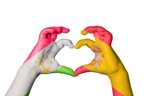 Tajikistan Spain Heart Hand Gesture Making Heart Clipping Path — Stock Photo, Image