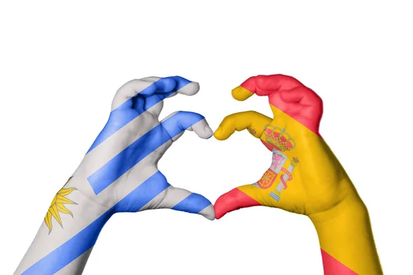 Uruguay Spain Heart Hand Gesture Making Heart Clipping Path — Stock Photo, Image