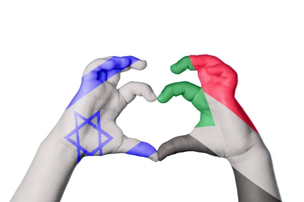 Ізраїль Судан Серце Жест Рук Робить Серце Відсікаючи Шлях — стокове фото