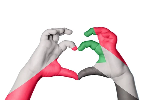 Poland Sudan Heart Hand Gesture Making Heart Clipping Path — Stock Photo, Image