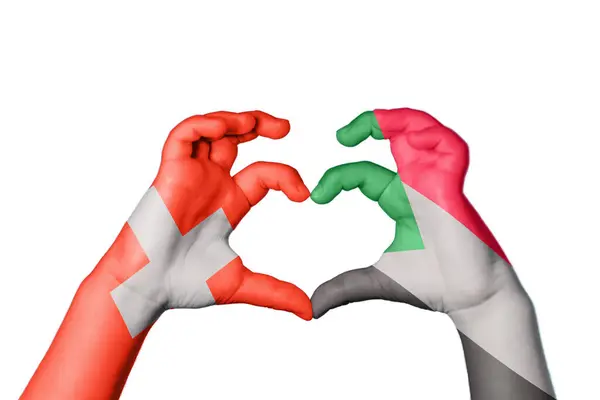 Szwajcaria Sudan Serce Ręczny Gest Serca Ścieżka Wycinania — Zdjęcie stockowe