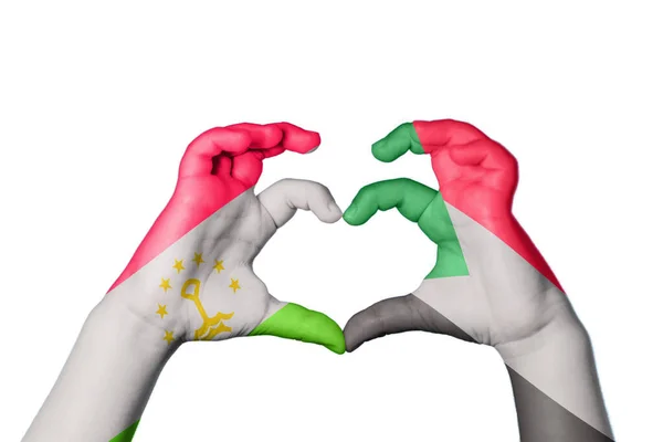 Tajikistan Sudan Heart Hand Gesture Making Heart Clipping Path — Stock Photo, Image