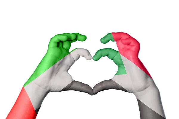 Ηνωμένα Αραβικά Εμιράτα Sudan Heart Χέρι Χειρονομία Κάνοντας Καρδιά Περικοπή — Φωτογραφία Αρχείου
