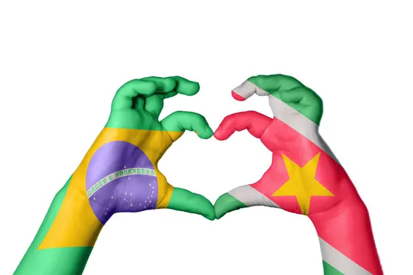 Brazylia Suriname Heart Ręka Gestem Podejmowania Serca Ścieżka Clipping — Zdjęcie stockowe