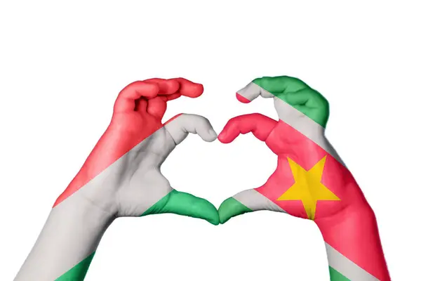 Magyarország Suriname Szív Kéz Gesztus Készítő Szív Vágóút — Stock Fotó