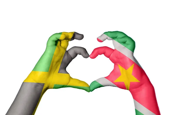 Jamaica Suriname Heart Hand Gesture Making Heart Clipping Path — Stock Photo, Image