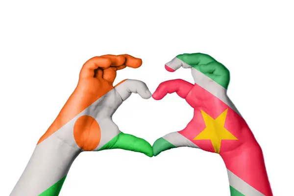 Niger Suriname Heart Gest Ręczny Serca Ścieżka Przecinania — Zdjęcie stockowe