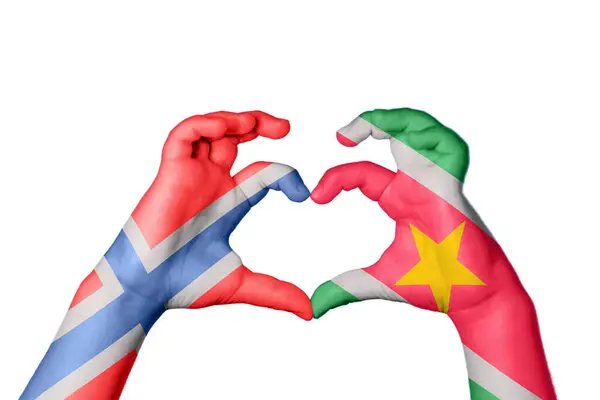 Norvégia Suriname Heart Kéz Gesztus Készítő Szív Vágási Útvonal — Stock Fotó