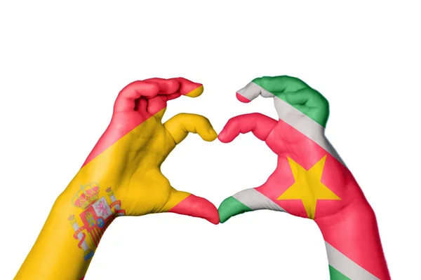 Spanyolország Suriname Heart Kéz Gesztus Készítő Szív Vágási Útvonal — Stock Fotó