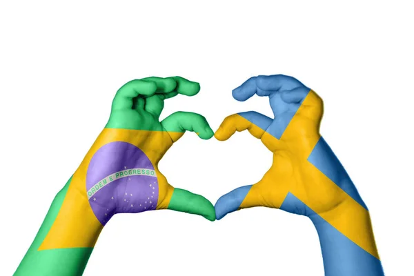 Brazília Svédország Szív Kézmozdulatok Készítése Szív Vágási Útvonal — Stock Fotó