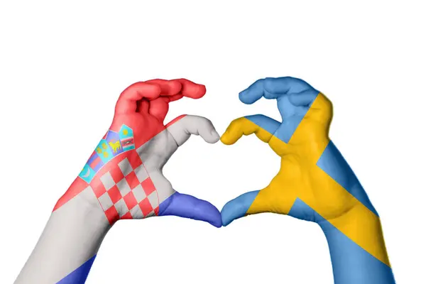 Хорватія Швеція Серце Жест Рук Робить Серце Відсічний Контур — стокове фото
