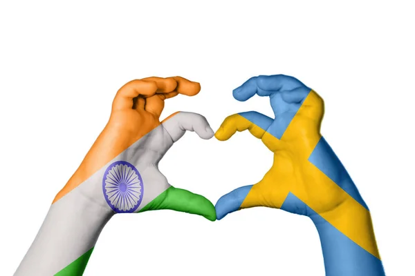 India Sweden Heart Hand Gesture Making Heart Clipping Path — Stock Photo, Image