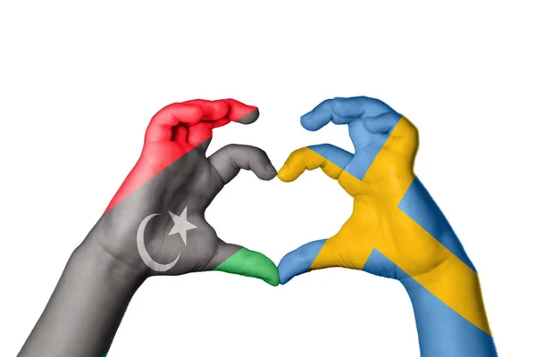 Libya Sweden Heart Hand Gesture Making Heart Clipping Path — Stock Photo, Image