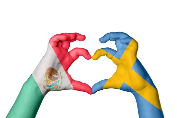 Мексика Швеція Серце Жест Рук Робить Серце Відсікаючи Шлях — стокове фото