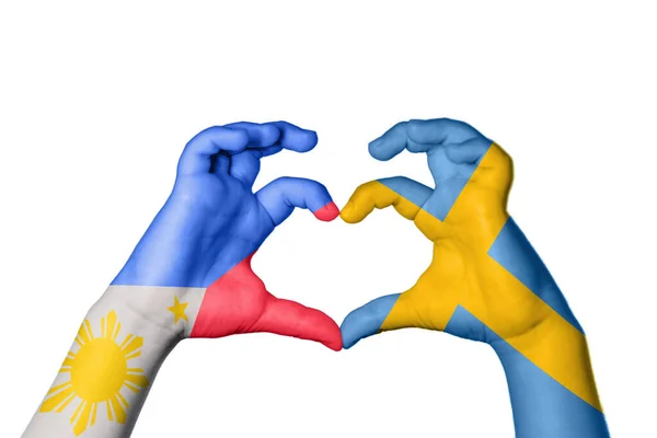 Φιλιππίνες Σουηδία Καρδιά Χέρι Χειρονομία Κάνοντας Καρδιά Ψαλίδισμα Διαδρομή — Φωτογραφία Αρχείου
