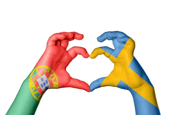 Πορτογαλία Σουηδία Καρδιά Χέρι Χειρονομία Κάνοντας Καρδιά Ψαλίδισμα Διαδρομή — Φωτογραφία Αρχείου