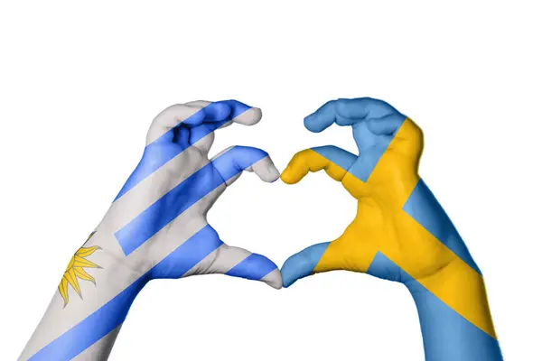 Uruguay Sweden Heart Hand Gest Att Göra Hjärta Klippbana — Stockfoto