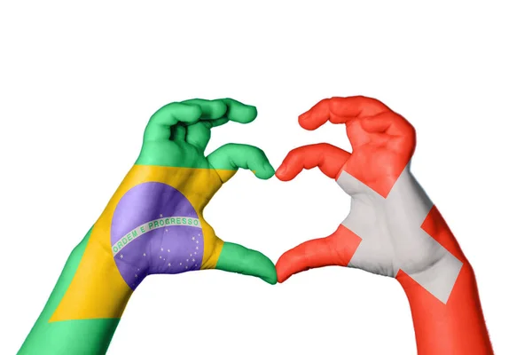 Brazilië Zwitserland Hart Hand Gebaar Maken Hart Knippad — Stockfoto