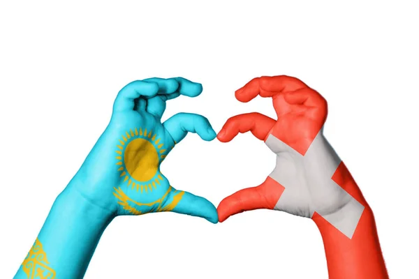 Kazakhstan Switzerland Heart Hand Gesture Making Heart Clipping Path — Stock Photo, Image