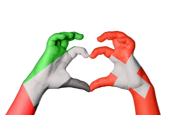 Ηνωμένα Αραβικά Εμιράτα Ελβετία Καρδιά Χέρι Χειρονομία Κάνοντας Καρδιά Περικοπή — Φωτογραφία Αρχείου