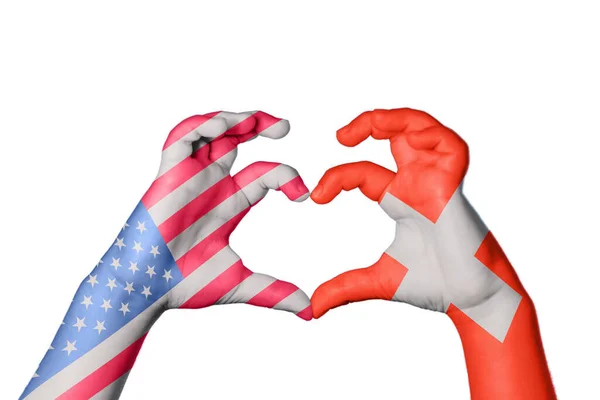 Estados Unidos América Suíça Coração Gesto Mão Fazendo Coração Clipping — Fotografia de Stock