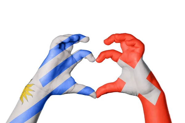 Ουρουγουάη Ελβετία Καρδιά Χέρι Χειρονομία Κάνοντας Καρδιά Ψαλίδισμα Διαδρομή — Φωτογραφία Αρχείου