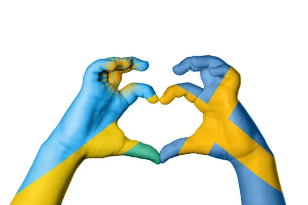 Rwanda Sweden Heart Hand Gesture Making Heart Clipping Path — Stock Photo, Image