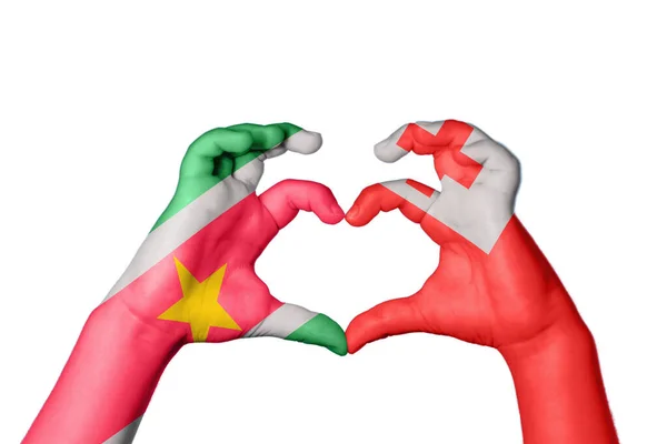 Suriname Tonga Heart Hand Gesture Making Heart Clipping Path — Stock Photo, Image