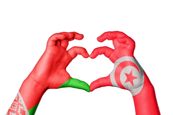 Belarus Tunisia Heart Hand Gesture Making Heart Clipping Path — Stock Photo, Image