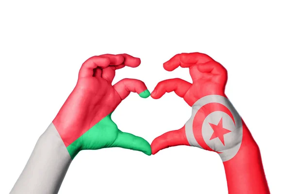 Madagascar Tunisia Heart Hand Gesture Making Heart Clipping Path — Stock Photo, Image