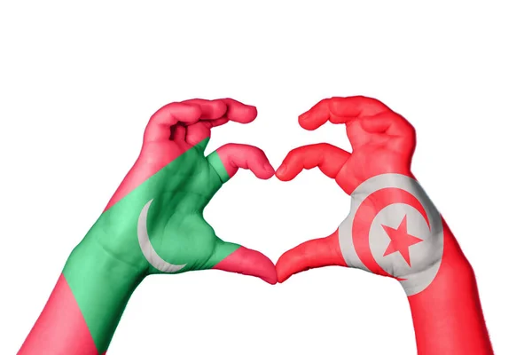 Maledivy Tunisko Srdce Ruční Gesto Tvorby Srdce Ořezávání Cesta — Stock fotografie