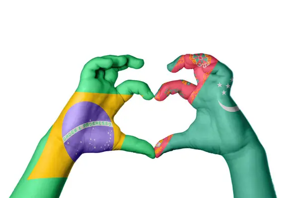 Brasil Turkmenistan Coração Mão Gesto Fazendo Coração Clipping Path — Fotografia de Stock
