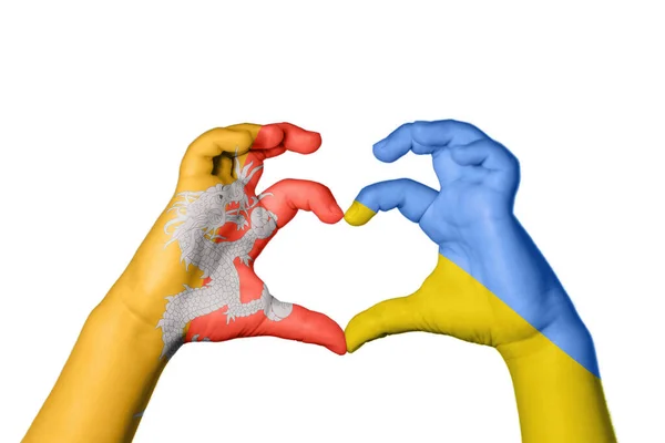 Bhutan Ukraine Heart Hand Gesture Making Heart Clipping Path — Stock Photo, Image