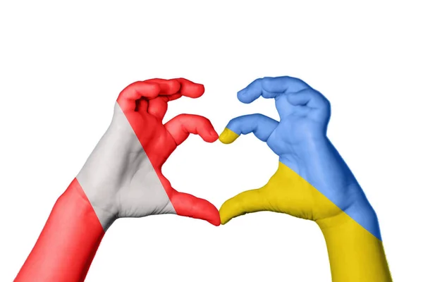 Peru Ukraine Heart Hand Gesture Making Heart Clipping Path — Stock Photo, Image