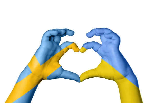 Sverige Ukraina Hjärta Hand Gest Att Göra Hjärta Klippbana — Stockfoto