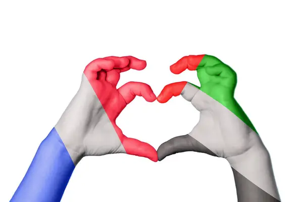 Франція Єднані Арабські Емірати Серце Жест Руки Робить Серце Відсікаючий — стокове фото