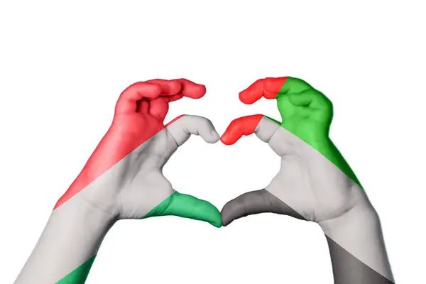 Hungary United Arab Emirates Heart Hand Gesture Making Heart Clipping — Stock Photo, Image