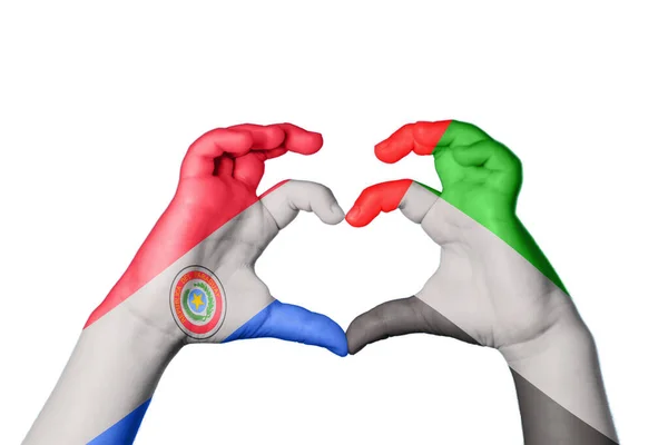 巴拉圭阿拉伯联合酋长国心脏 手举着手制造心脏 收割路径 — 图库照片