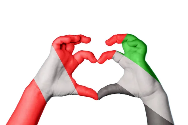 Περού Ηνωμένα Αραβικά Εμιράτα Καρδιά Χέρι Χειρονομία Κάνοντας Καρδιά Περικοπή — Φωτογραφία Αρχείου