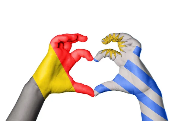 Belgium Uruguay Heart Hand Gesture Making Heart Clipping Path — Stock Photo, Image