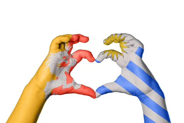 Bhutan Uruguay Heart Hand Gesture Making Heart Clipping Path — Stock Photo, Image