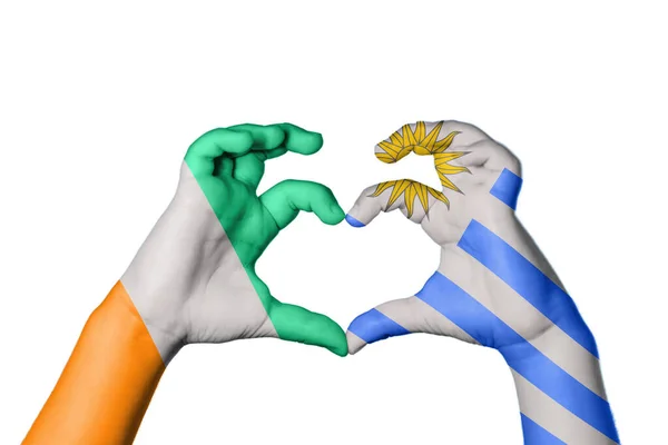 Ivory Coast Uruguay Heart Hand Gesture Making Heart Clipping Path — Stock Photo, Image
