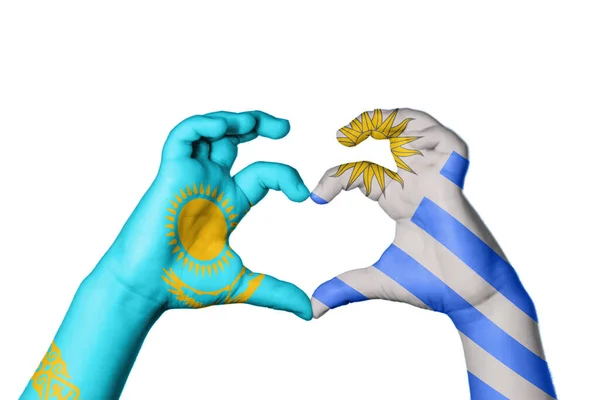 Kazakhstan Uruguay Heart Hand Gesture Making Heart Clipping Path — Stock Photo, Image