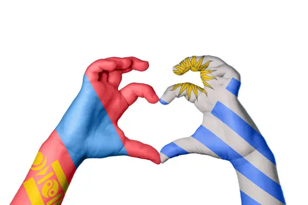 Mongolia Uruguay Heart Hand Gesture Making Heart Clipping Path — Stock Photo, Image