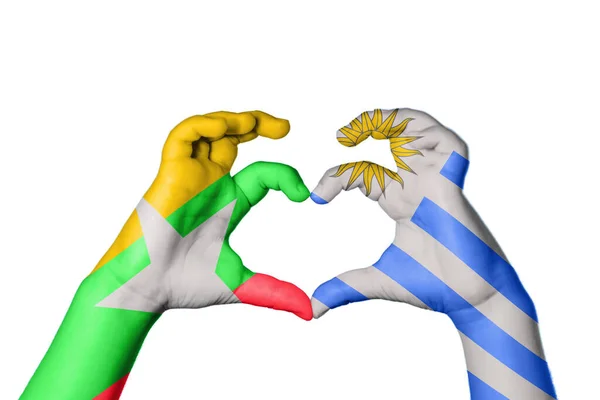 Myanmar Uruguay Heart Hand Gest Att Göra Hjärta Klippning Vägen — Stockfoto